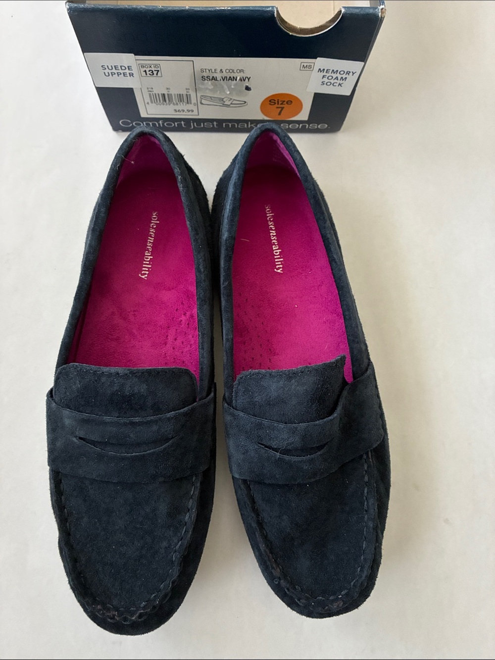 Suede Penny Loafers - Navy with Pink Insole